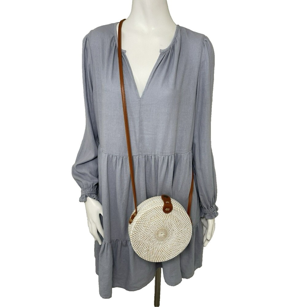 Rattan 8" Round Crossbody Bag Woven White‎ Brown Straps Bali Resort Summer